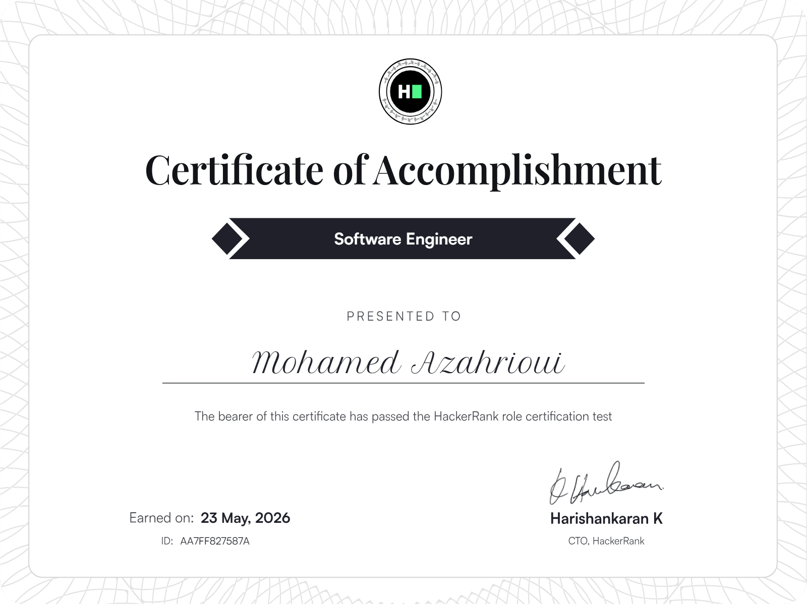 HackerRank Software Engineer certificate